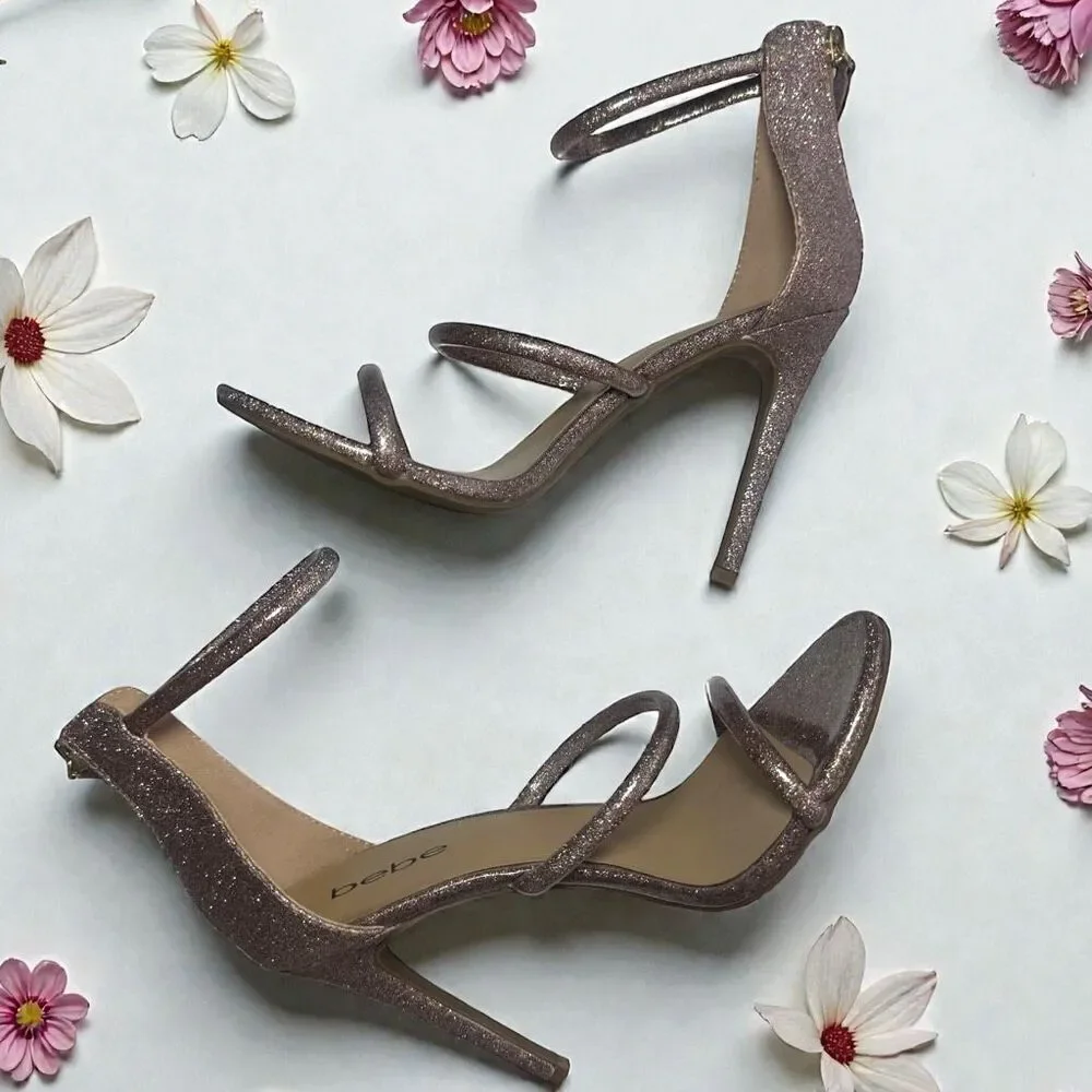 Bebe Berdine Ankle-Strap Stiletto Heel Sandals Pink Blush Metallic Glitter Size